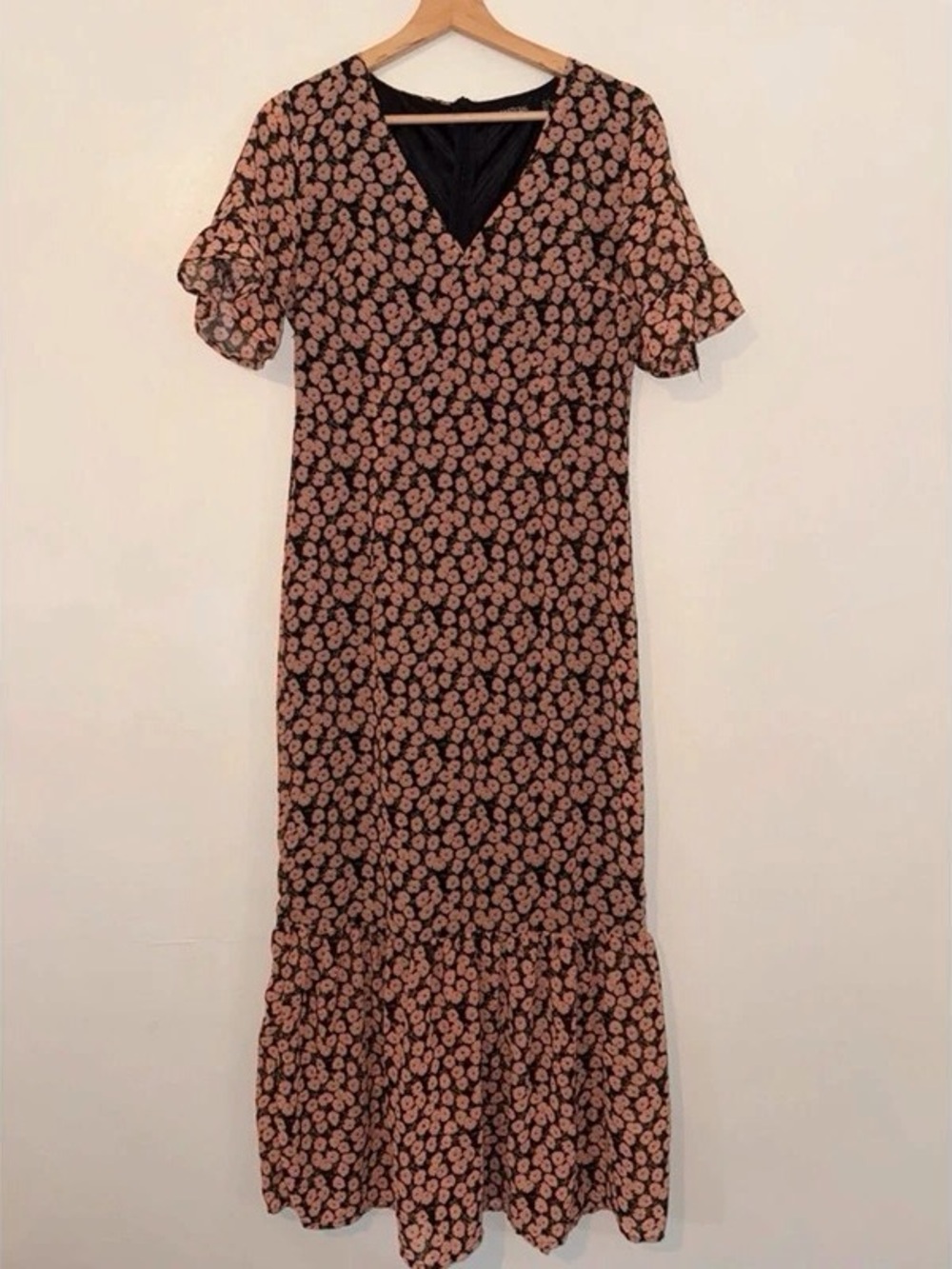 Black Maxi Dress with Pink Floral Print and V-Neck